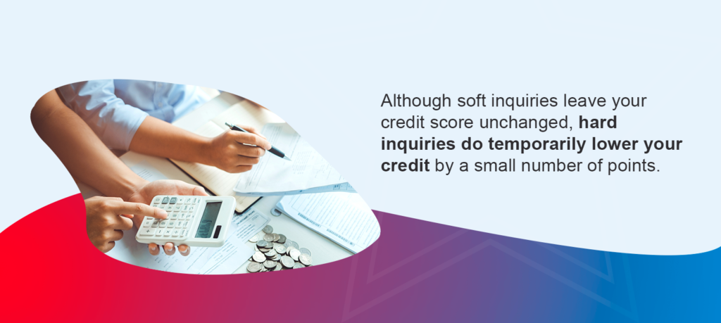 Although soft inquiries leave your credit score unchanged, hard inquiries do temporarily lower your credit by a small number of points.