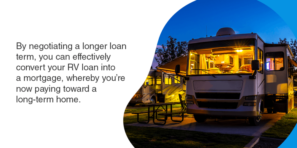 By negotiating a longer loan term, you can effectively convert your RV loan into a mortgage, whereby you’re now paying toward a long-term home.