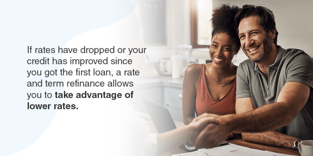 If rates have dropped or your credit has improved since you got the first loan, a rate and term refinance allows you to take advantage of lower rates.