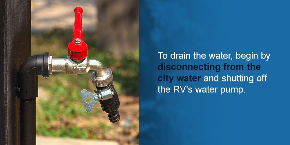 To drain the water, begin by disconnecting from the city water and shutting off the RV's water pump. 