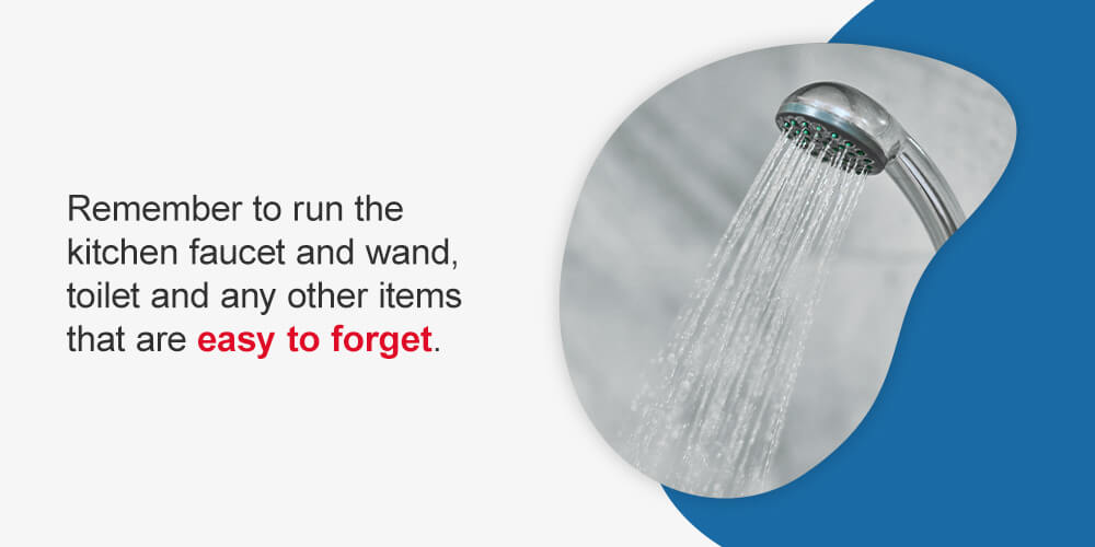 Remember to run the kitchen faucet and wand, toilet and any other items that are easy to forget.
