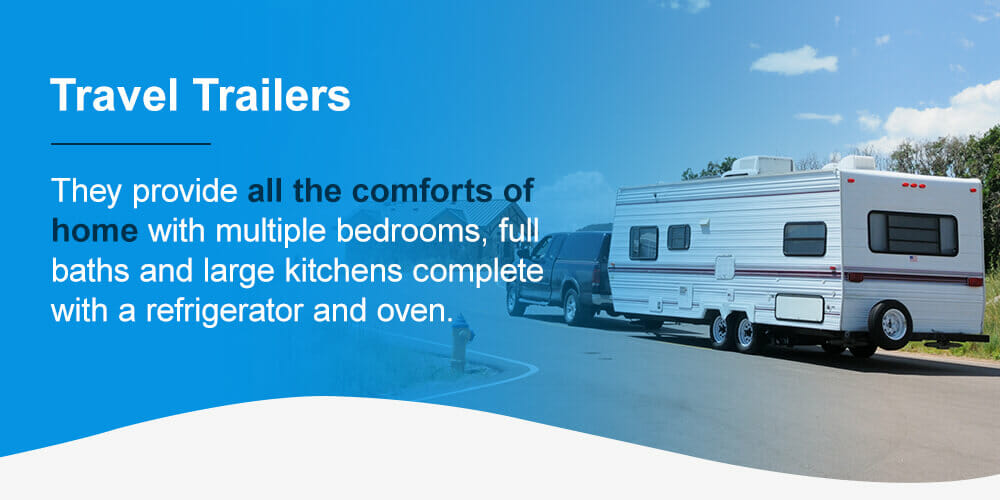Travel trailers provide all the comforts of home with multiple bedrooms, full baths and large kitchens complete with a refrigerator and oven.