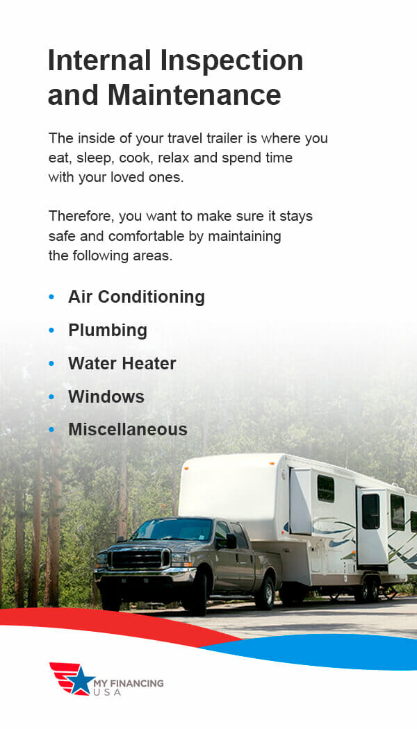 Internal Inspection and Maintenance. The inside of your travel trailer is where you eat, sleep, cook, relax and spend time with your loved ones. Therefore, you want to make sure it stays safe and comfortable by maintaining the following areas.