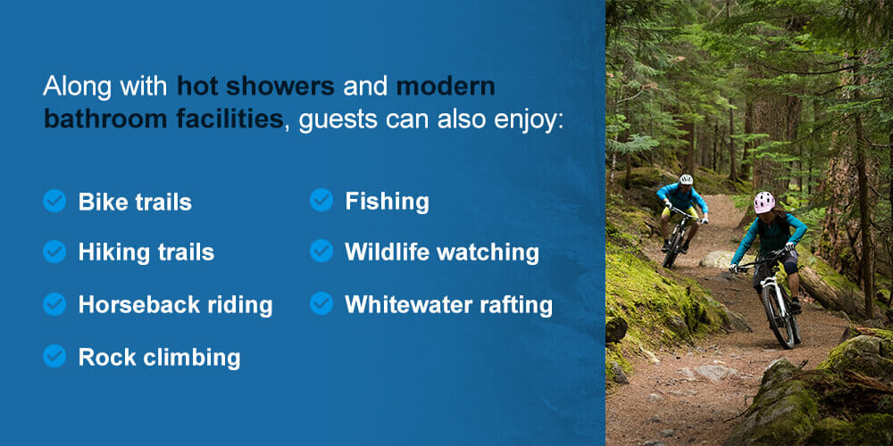 Along with hot showers and modern bathroom facilities, guests can also enjoy bike trails, hiking trails, horseback riding, rock climbing, fishing, wildlife watching and some of the best whitewater rafting in the state.