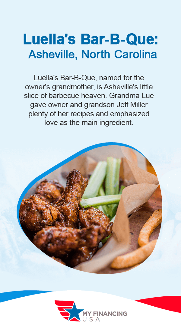 Luella's Bar-B-Que: Asheville, North Carolina. Luella's Bar-B-Que, named for the owner's grandmother, is Asheville's little slice of barbecue heaven. Grandma Lue gave owner and grandson Jeff Miller plenty of her recipes and emphasized love as the main ingredient. 