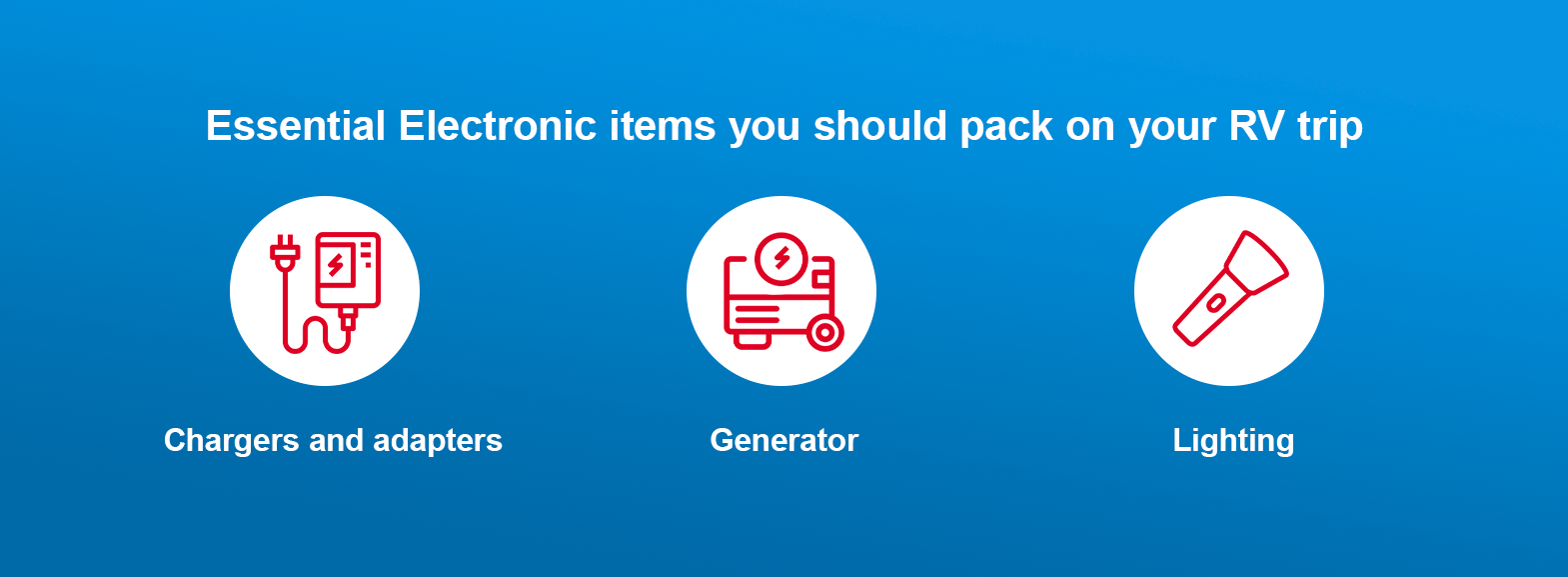 The essential electronic items and accessories you should pack on your RV trip include: