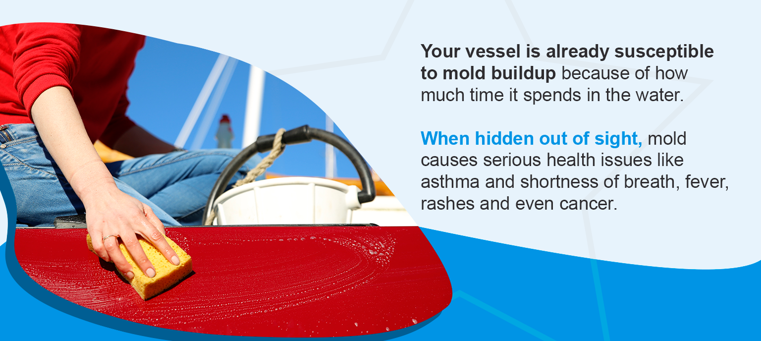 Your vessel is already susceptible to mold buildup because of how much time it spends in the water. Your boat also has tanks of water that sit still when it's not in use. As your boat is tucked away for the winter, it becomes a breeding ground for mold and mildew, even if it isn't docked in the water. 