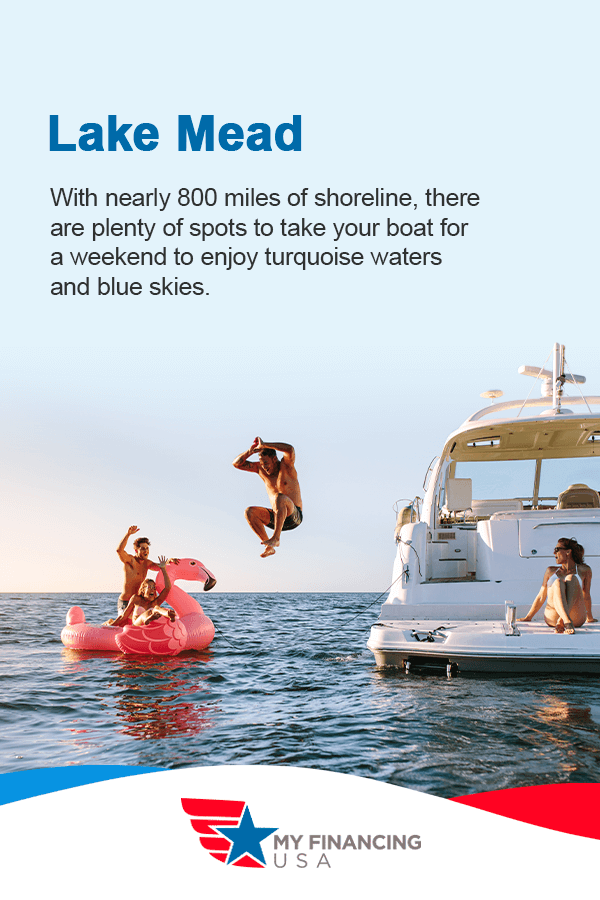 Lake Mead - With nearly 800 miles of shoreline, there are plenty of spots to take your boat for a weekend to enjoy turquoise waters and blue skies. 