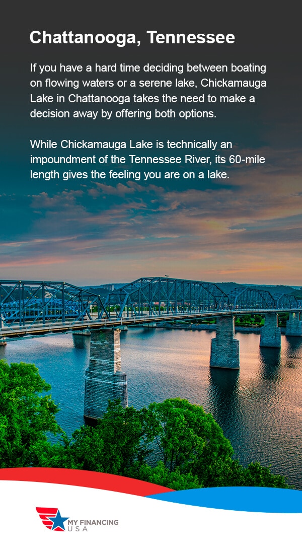 Chattanooga, Tennessee. If you have a hard time deciding between boating on flowing waters or a serene lake, Chickamauga Lake in Chattanooga takes the need to make a decision away by offering both options. While Chickamauga Lake is technically an impoundment of the Tennessee River, its 60-mile length gives the feeling you are on a lake. 